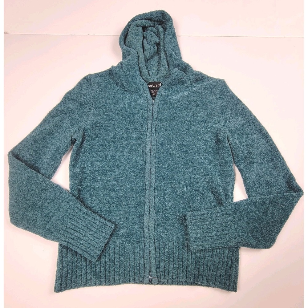 Wet Seal Boucle Full ZIP Cropped Hoodie Sweater Teal Size Large